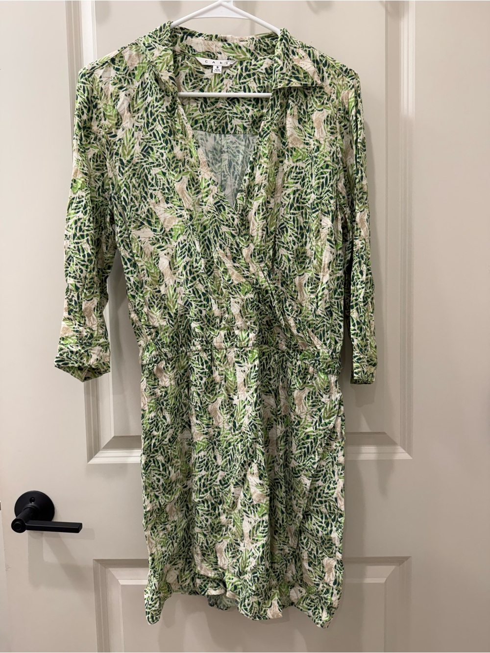 CAbi Style 280 Green Botanical Leaf Print Faux Wrap Dress 3/4 Sleeve S Spring